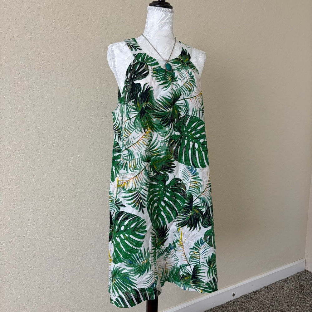 Tahari Linen Mini Dress Tropical Leaf Print Breezy Summer L‎